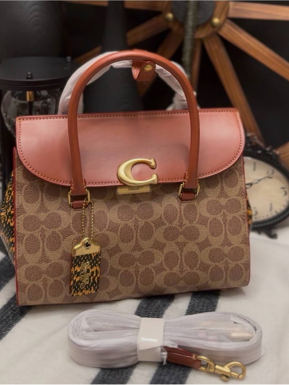 Coach Brown Signature Canvas Satchel with brown Leather Flap